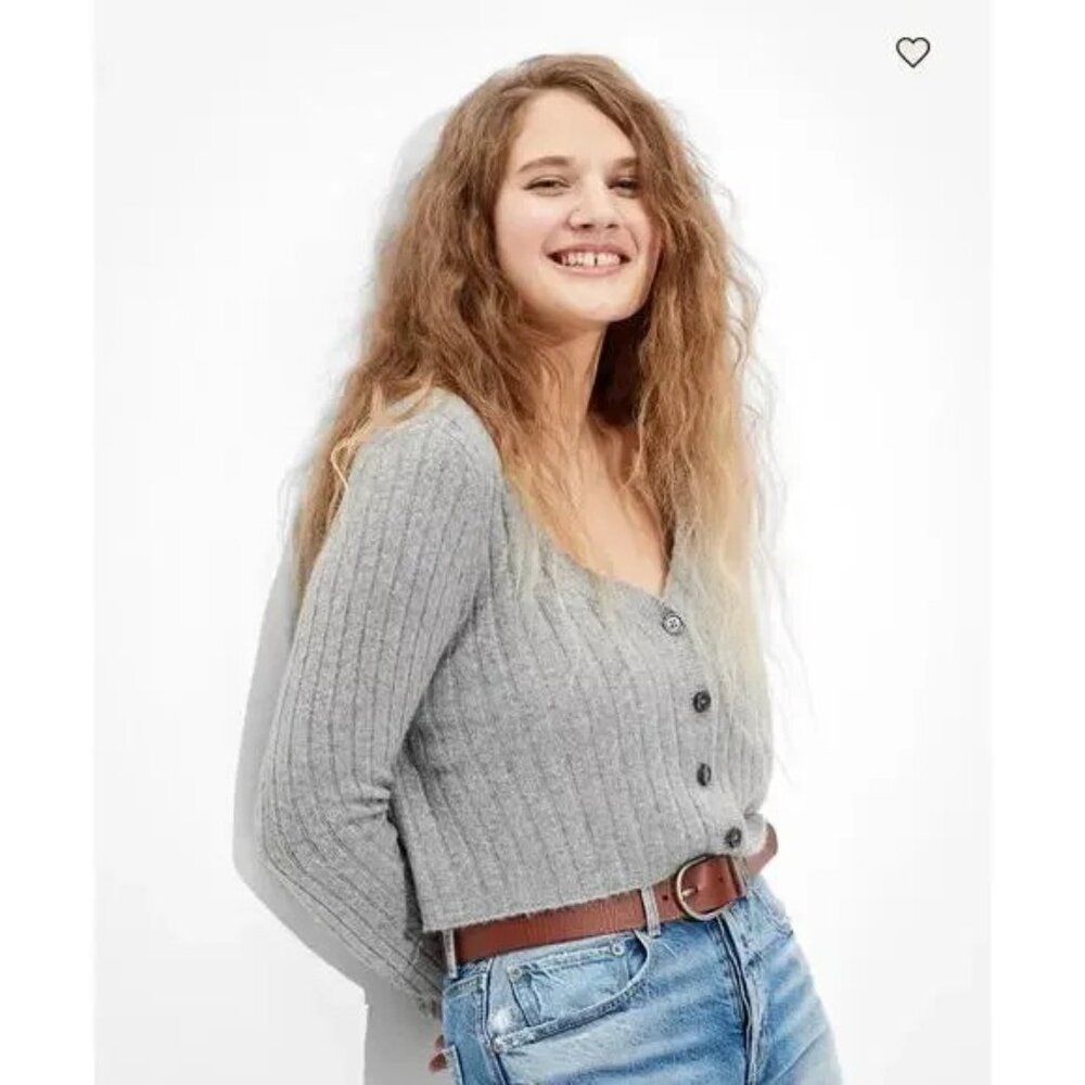 "NWT" American Eagle Cropped Dreamspun Button Up Cardigan In Gray- Women's Small